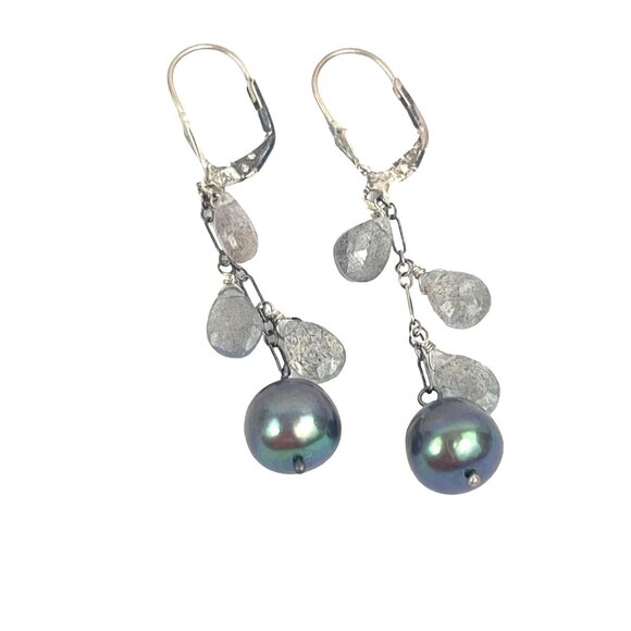 Sterling Silver Drop Earrings With Olive Grey Black Pearls and Labradorite Stone - Picture 7 of 9